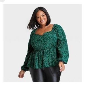 Womens Green Sweetheart Peplum Top Blouse Long Sleeve Ava & Viv Size 2x
